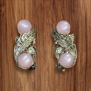 Vintage Gold-Toned Clip-On Earrings W/ Pink Cabochon Accents Retro Art Deco Styl